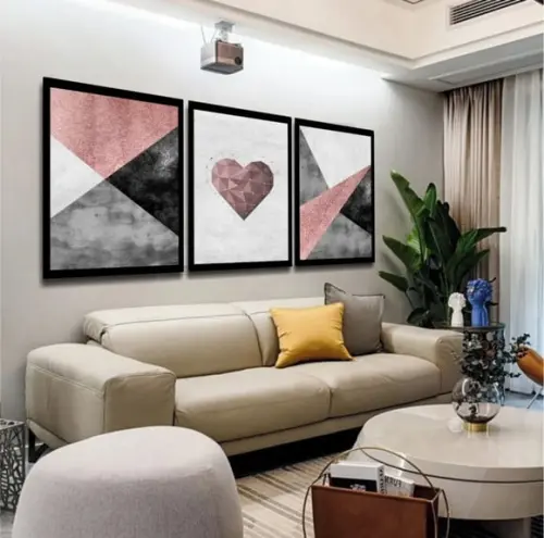 3 Quadros Abstrato Geométrico Rosê Decoração Casal Molduras