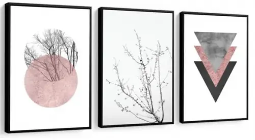 3 Quadros Abstrato Geométrico Rose Galhos Decoração Molduras