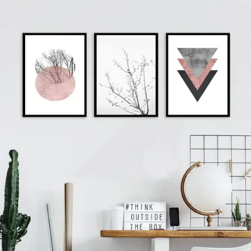 3 Quadros Abstrato Geométrico Rose Galhos Decoração Molduras