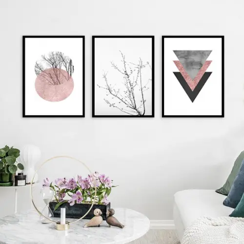 3 Quadros Abstrato Geométrico Rose Galhos Decoração Molduras