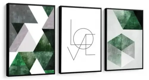 3 Quadros Abstrato Geométrico Verde Love Decoração Molduras