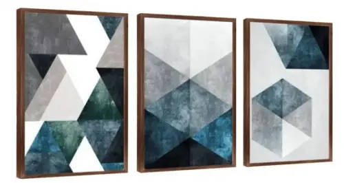 3 Quadros Abstrato Geométrico Tons Azul Decoração Molduras