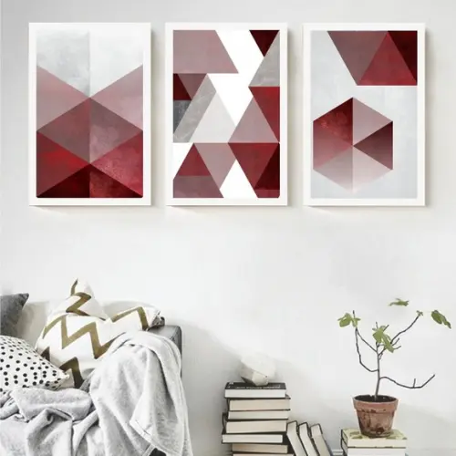 3 Quadros Abstrato Geométrico Vermelho Conjunto Trio Moldura