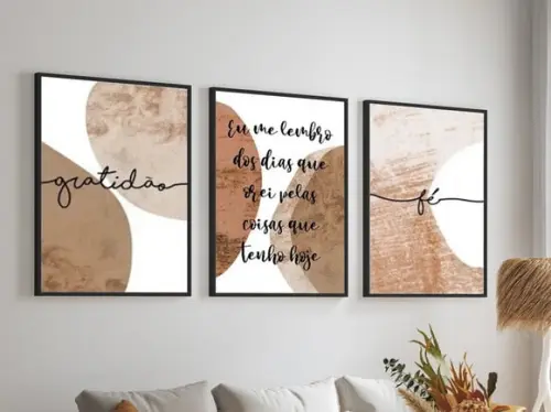 3 Quadros Abstrato Marrom Frases Oração Decoração Moldura
