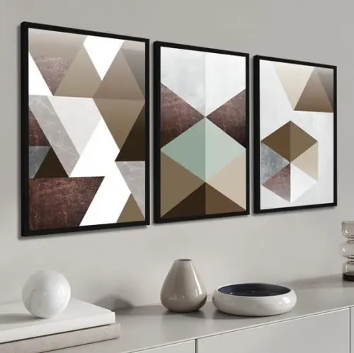 3 Quadros Abstratos Geométrico Marrom Tons Neutros Molduras