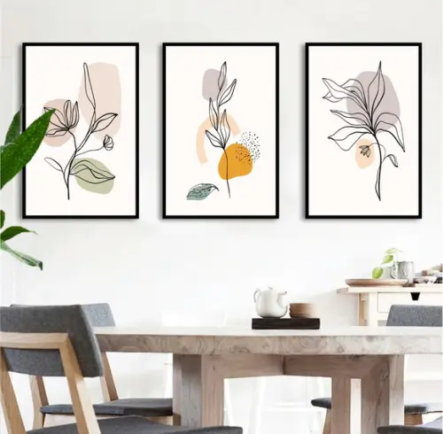 3 Quadros Abstratos Folhagem Desenho Decoração Com Moldura