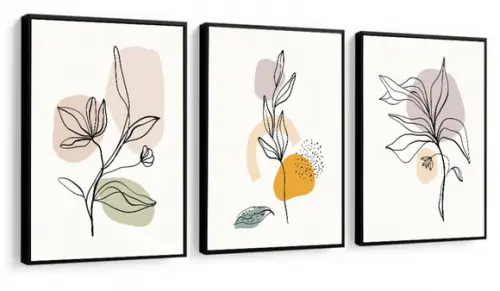 3 Quadros Abstratos Folhagem Desenho Decoração Com Moldura