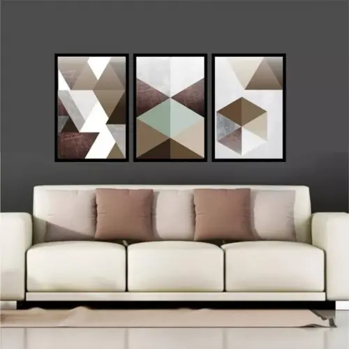 3 Quadros Abstratos Geométrico Marrom Tons Neutros Molduras