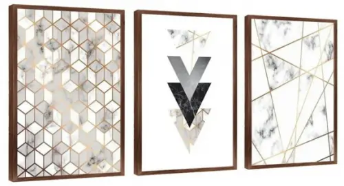 3 Quadros Abstratos Geométricos Mármore Decoração Molduras