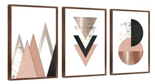 3 Quadros Abstrato Geométrico Rosê Gold Decoração Molduras