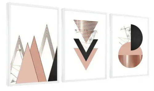 3 Quadros Abstratos Geométricos Rosê Gold Decoração Molduras