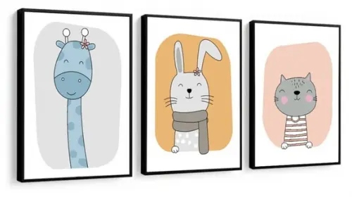 3 Quadros Animais Girafa Coelho Decoração Infantil Molduras
