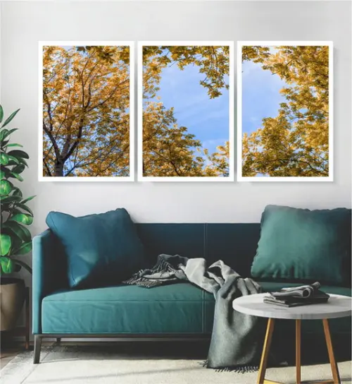 3 Quadros Arvore Amarela Decoração Conjunto Folhagem Moldura