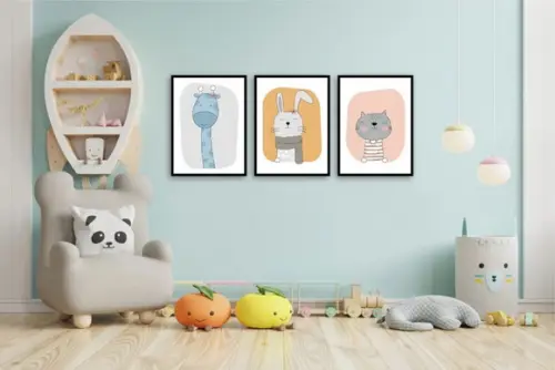 3 Quadros Animais Girafa Coelho Decoração Infantil Molduras