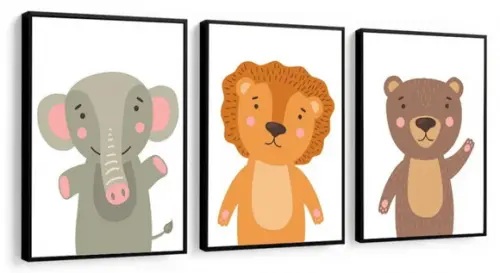 3 Quadros Animais Leão Elefante Decoração Infantil Molduras