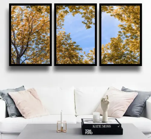 3 Quadros Arvore Amarela Decoração Folhagem Conjunto Moldura