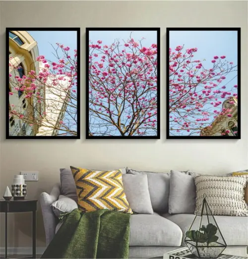 3 Quadros Arvore Cerejeira Cidade Decoração Conjunto Moldura