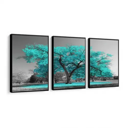 3 Quadros Arvore Azul Botânico Decoração Conjunto Molduras