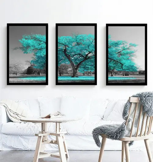 3 Quadros Arvore Azul Botânico Decoração Conjunto Molduras