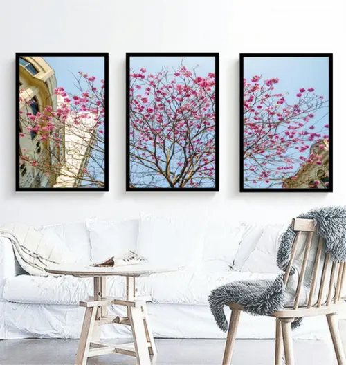 3 Quadros Arvore Cerejeira Cidade Decoração Conjunto Moldura