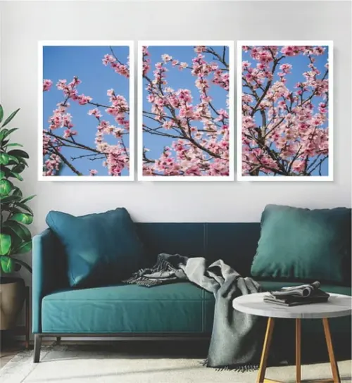 3 Quadros Arvore Cerejeira Flor Rosa Decoração Com Molduras