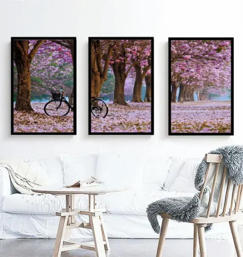 3 Quadros Arvore Cerejeira Paisagem Decoração Bike Molduras