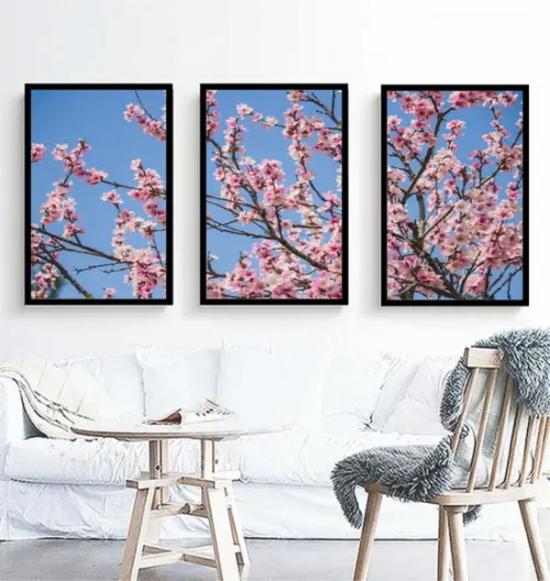 3 Quadros Arvore Flor De Cerejeira Rosa Decoração Molduras