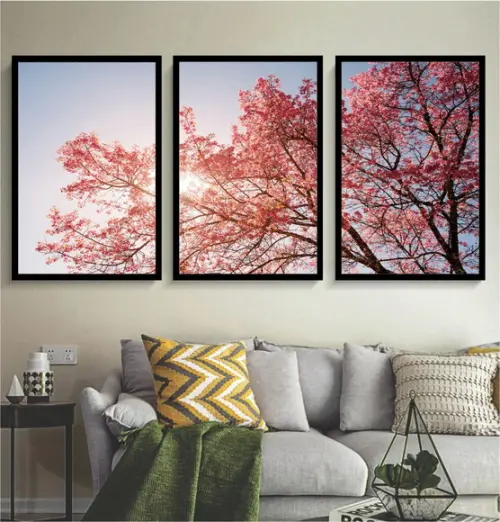 3 Quadros Arvore Flores Cerejeira Decoração Folhagem Moldura
