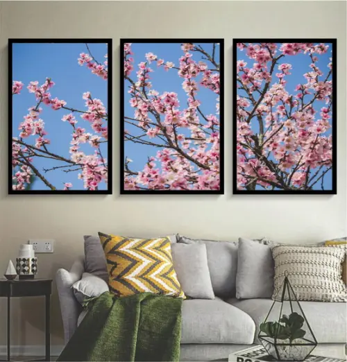 3 Quadros Arvore Flor De Cerejeira Rosa Decoração Molduras