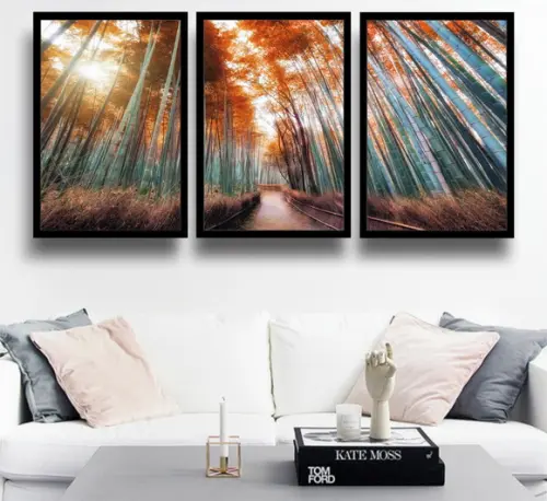 3 Quadros Arvore Floresta Outono Decoração Conjunto Molduras