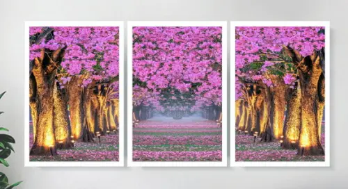 3 Quadros Arvore Folhagem Rosa Cerejeira Decoração Moldura