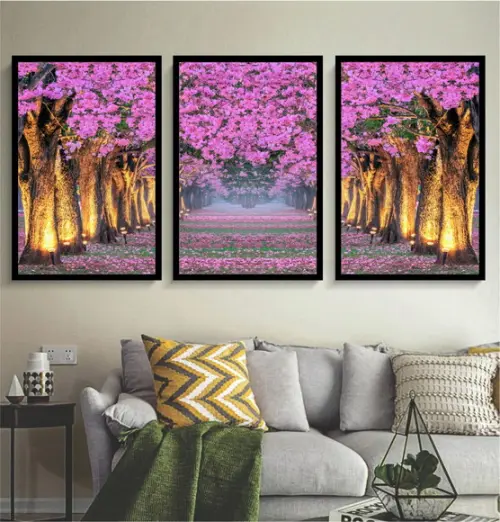 3 Quadros Arvore Folhagem Rosa Cerejeira Decoração Molduras