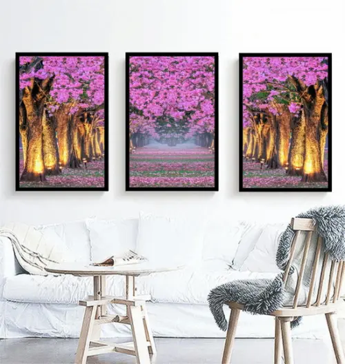 3 Quadros Arvore Folhagem Rosa Cerejeira Decoração Molduras