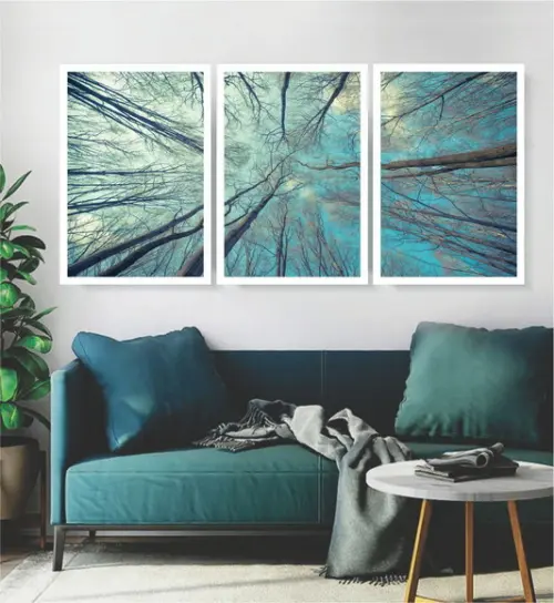 3 Quadros Arvore Galhos Céu Azul Decoração Conjunto Molduras