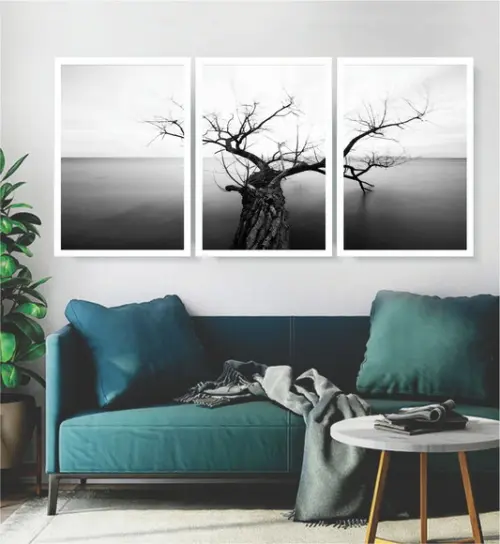 3 Quadros Arvore Paisagem Preto e Branco Decoração Moldura