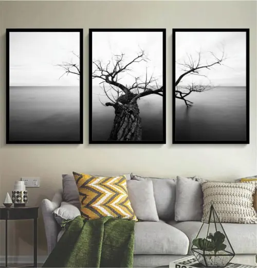 3 Quadros Arvore Paisagem Preto e Branco Decoração Molduras