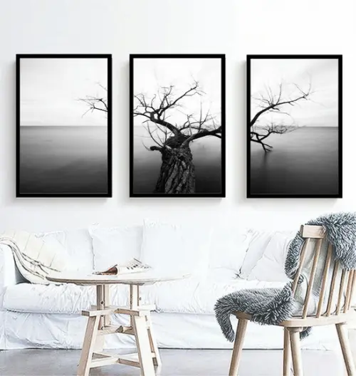 3 Quadros Arvore Paisagem Preto e Branco Decoração Molduras