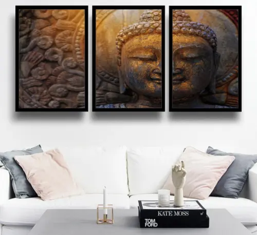3 Quadros Buda Decoração Meditação Conjunto Budista Moldura