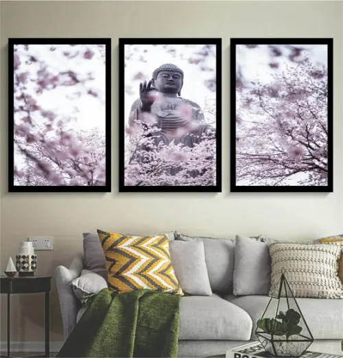 3 Quadros Buda Folhagem Outono Decoração Conjunto Moldura
