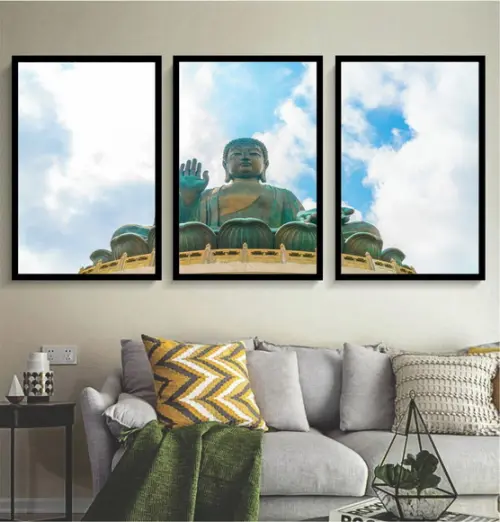 3 Quadros Buda Meditação Decoração Paisagem Conjunto Moldura