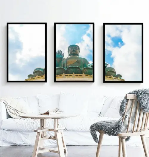 3 Quadros Buda Meditação Decoração Paisagem Conjunto Moldura