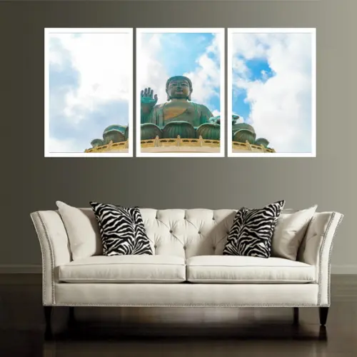 3 Quadros Buda Meditação Paisagem Decoração Conjunto Moldura