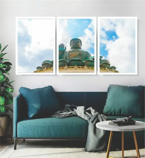 3 Quadros Buda Meditação Paisagem Decoração Conjunto Moldura