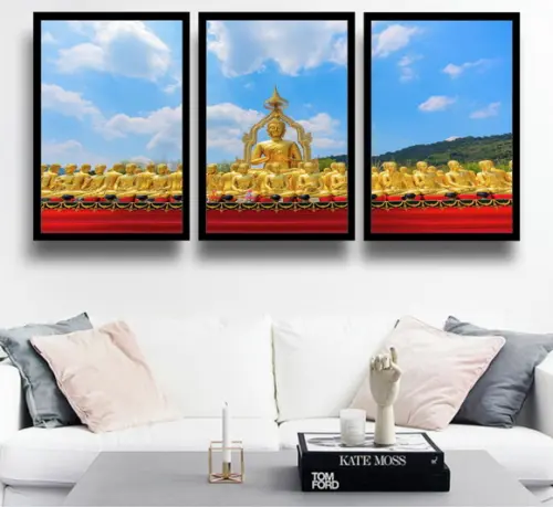 3 Quadros Buda Templo Meditação Decoração Conjunto Moldura