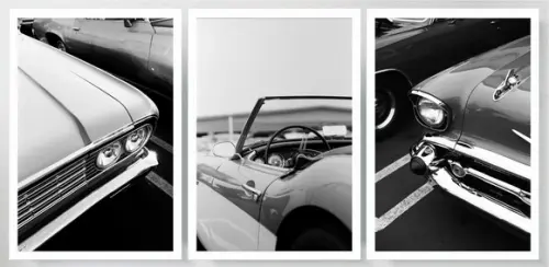 3 Quadros Carros Antigos Preto E Branco Decoração Moldura