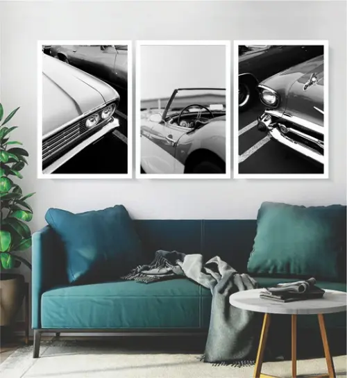 3 Quadros Carros Antigos Preto E Branco Decoração Moldura