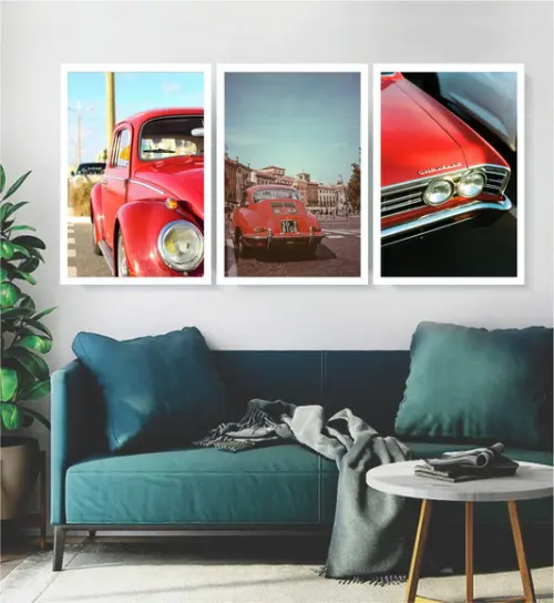 3 Quadros Carros Vintage Vermelho Decoração Fusca Moldura