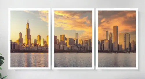 3 Quadros Cidade Chicago Paisagem Decoração Casa Com Moldura