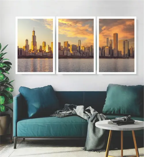3 Quadros Cidade Chicago Paisagem Decoração Casa Com Moldura