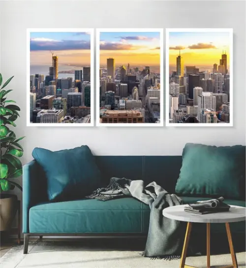3 Quadros Cidade Chicago Paisagem Decoração Sala Com Moldura